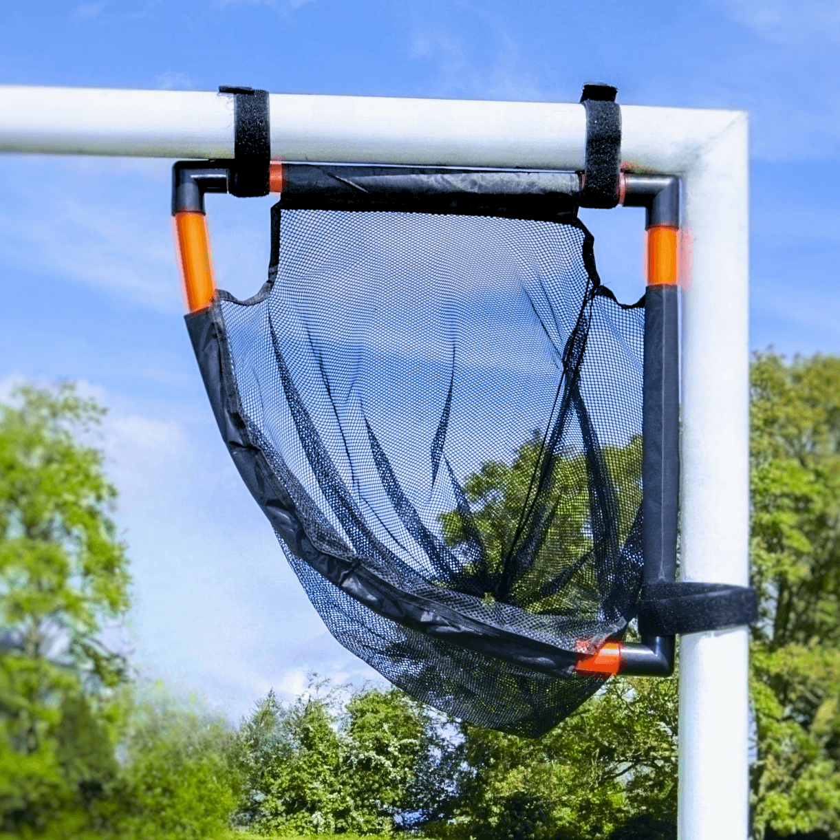 TopCorner training target close-up installed on a goal post corner outdoors